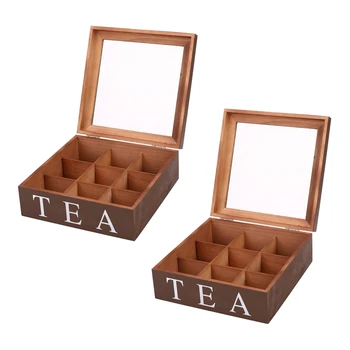 2X Дървена кутия за чай с 9 мрежи, контейнер за съхранение на чай от пакетчета, Квадратна подарък кутия, Прозрачна кутия за съхранение на бижута с горната част на капака