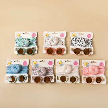EWODOS Комплект чалми за коса за новородени момичета, цветни кръгли слънчеви очила с превръзка във формата на поничка за летните детски шапки