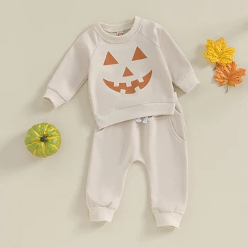 Детски жилетки за новородени бебета момчета и момичета с кръгло деколте и дълги ръкави, принтом тиква, Ластични панталони за Хелоуин, комплект есенни дрехи за бебета