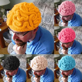 Капачка във формата на мозъка, Вълнена шапка ръчно плетени, Разтеглив шапки, дамски, Мъжки ежедневни шапки за партита, Пародия на мозъчната шапка на ужасите, Зима, 10 цвята