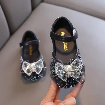 Кожени обувки за момичета, Нови ярки обувки на принцесата с лък, планински кристал, модни детски танцови обувки за сватба речи