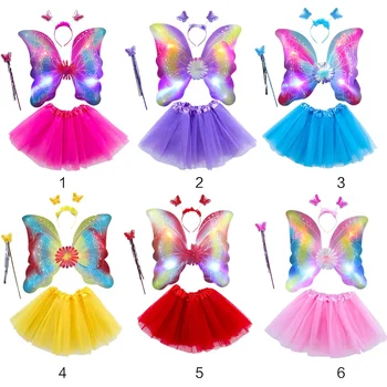 Комплект костюми феи с led подсветка за момичета, тюлевая пола-пакетче, двупластова превръзка на главата си с криле на пеперуда и с магическа пръчка, рокля на принцеса за изпълнения на сцената
