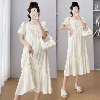 Корейското една модерна къса рокля за бременни 2023, Летни дрехи за бременни, Свободни рокли за бременни с квадратна яка, Високо качество
