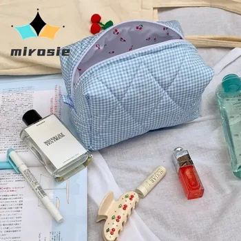 Косметичка MIROSIE Gingham Cherry, преносима косметичка за съхранение на козметика с голям капацитет, памучен чанта с клетчатым модел, чанта за грижа за кожата