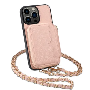 Чанта за носене през рамо за iPhone 15 Pro Max/15 Plus/15 Pro /15, Кожен калъф-портфейл с Държач за карти на Веригата, устойчив на удари калъф