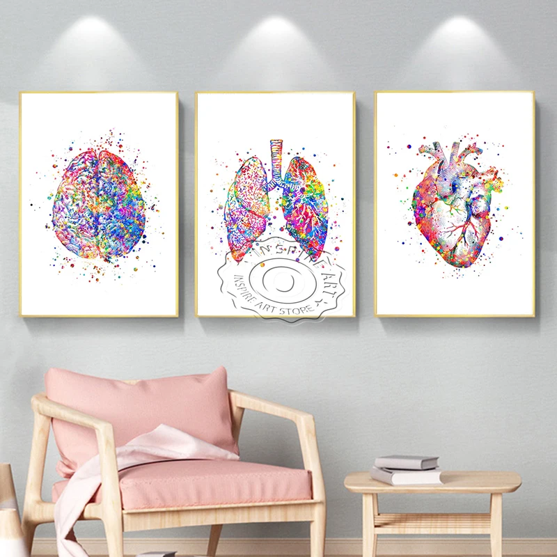 Медицинска Анатомия на човека Реколта плакати и щампи Сърцето Леки Мозъка Акварел Платно Живопис Подаръци доктор по Декора на стените клиника