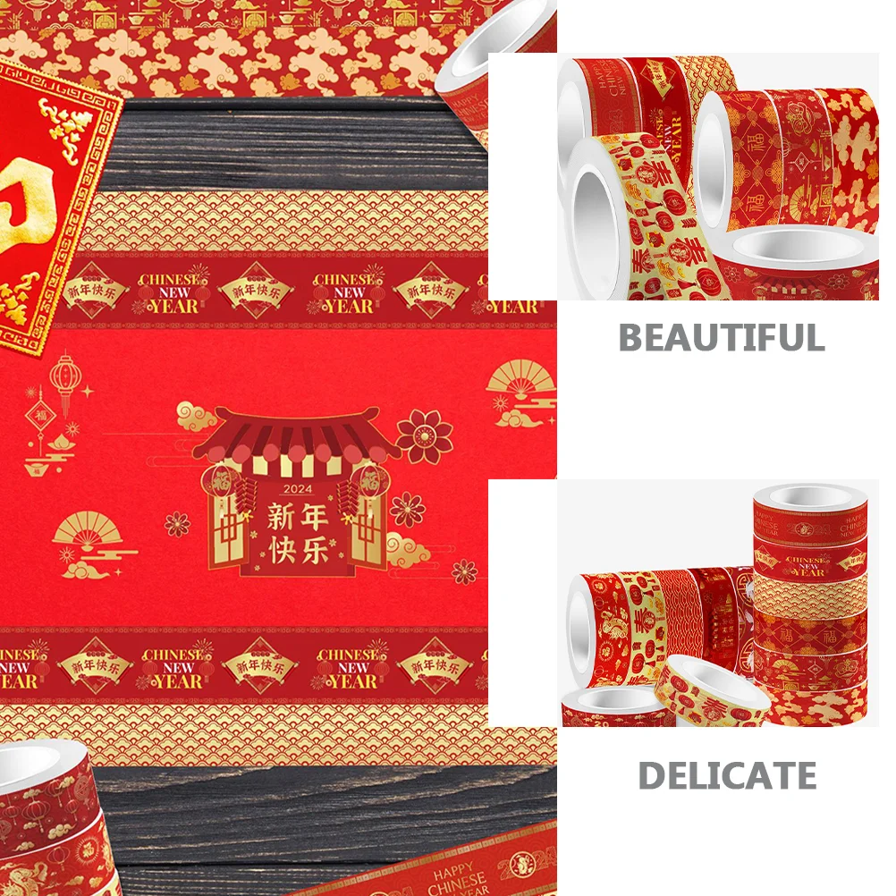 12 Ролки, Ленти Васи, Червен, Определени в китайския новогодишния стил, Лента за Пролетния Фестивал 2024, само на Етикет, Scrapbooking, Декорация във формата на Дракон.