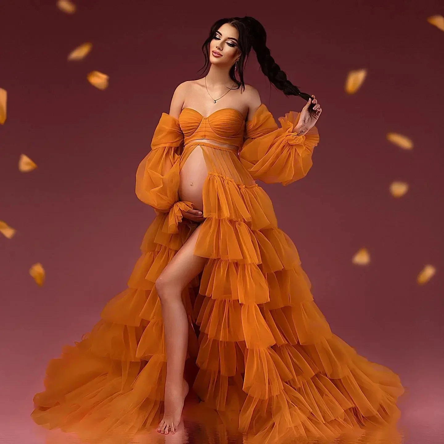 Красиви оранжеви рокли за бременни, за фотосесия от две части с къдри Рокля за бременни с дълъг ръкав Babyshower Dress