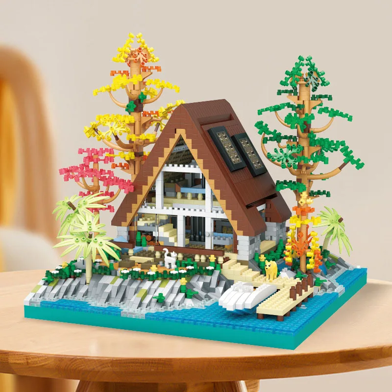 Микроблок за хижа на брега на езерото, направи си сам, Moc, Диамантена архитектура, Дърво, Тухла играчка за момчета и момичета
